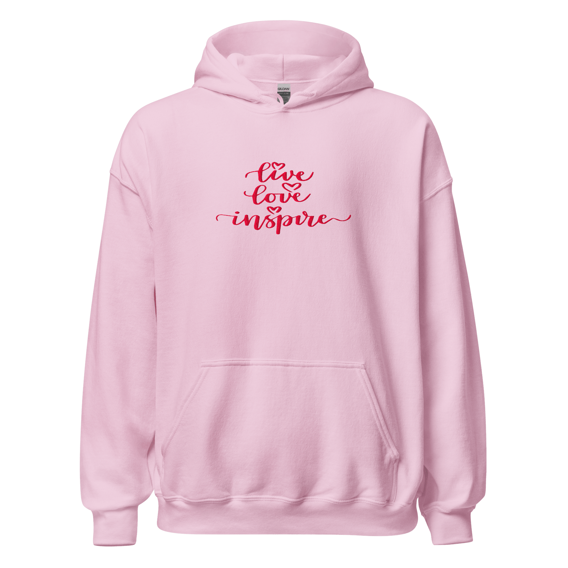 Pink hoodie with 'live love inspire' text on a white background