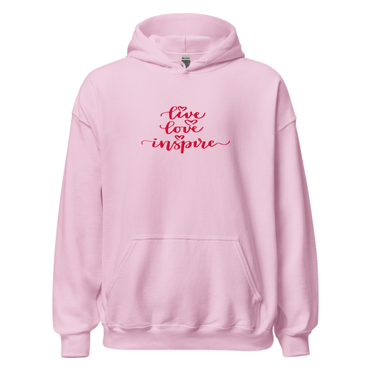 Pink hoodie with 'live love inspire' text on a white background