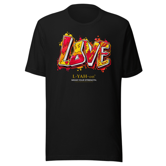 Black Love Graffiti T-shirt featuring colorful graffiti artwork inspired by faith, compassion, and everyday strength.