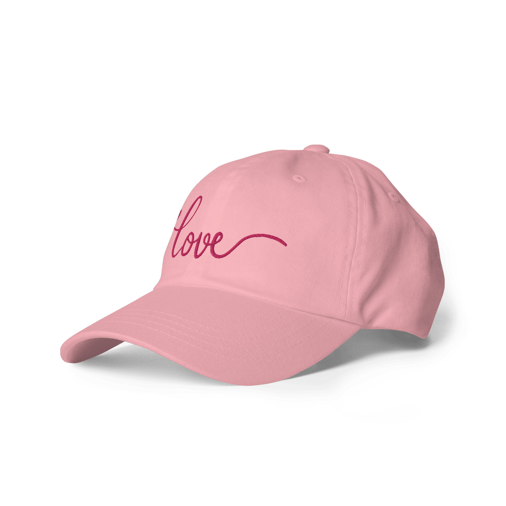 Pink cap with 'love' and a heart embroidered on it