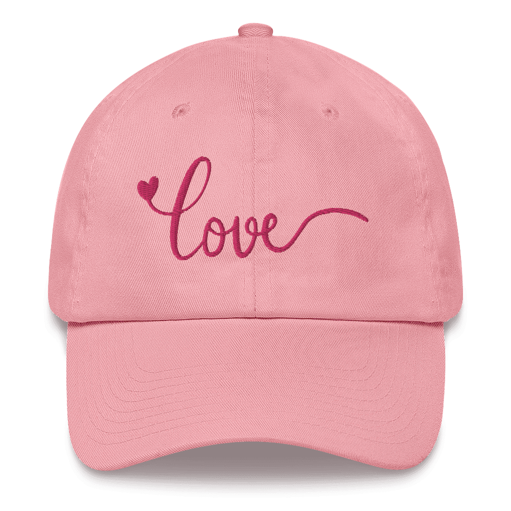 Pink cap with 'love' and a heart embroidered on it