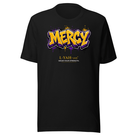 Black Mercy Graffiti T-shirt featuring gold and purple graffiti lettering inspired by grace, compassion, and faith.