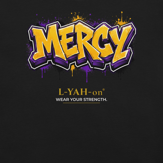 Black Mercy Graffiti T-shirt featuring gold and purple graffiti lettering inspired by grace, compassion, and faith.