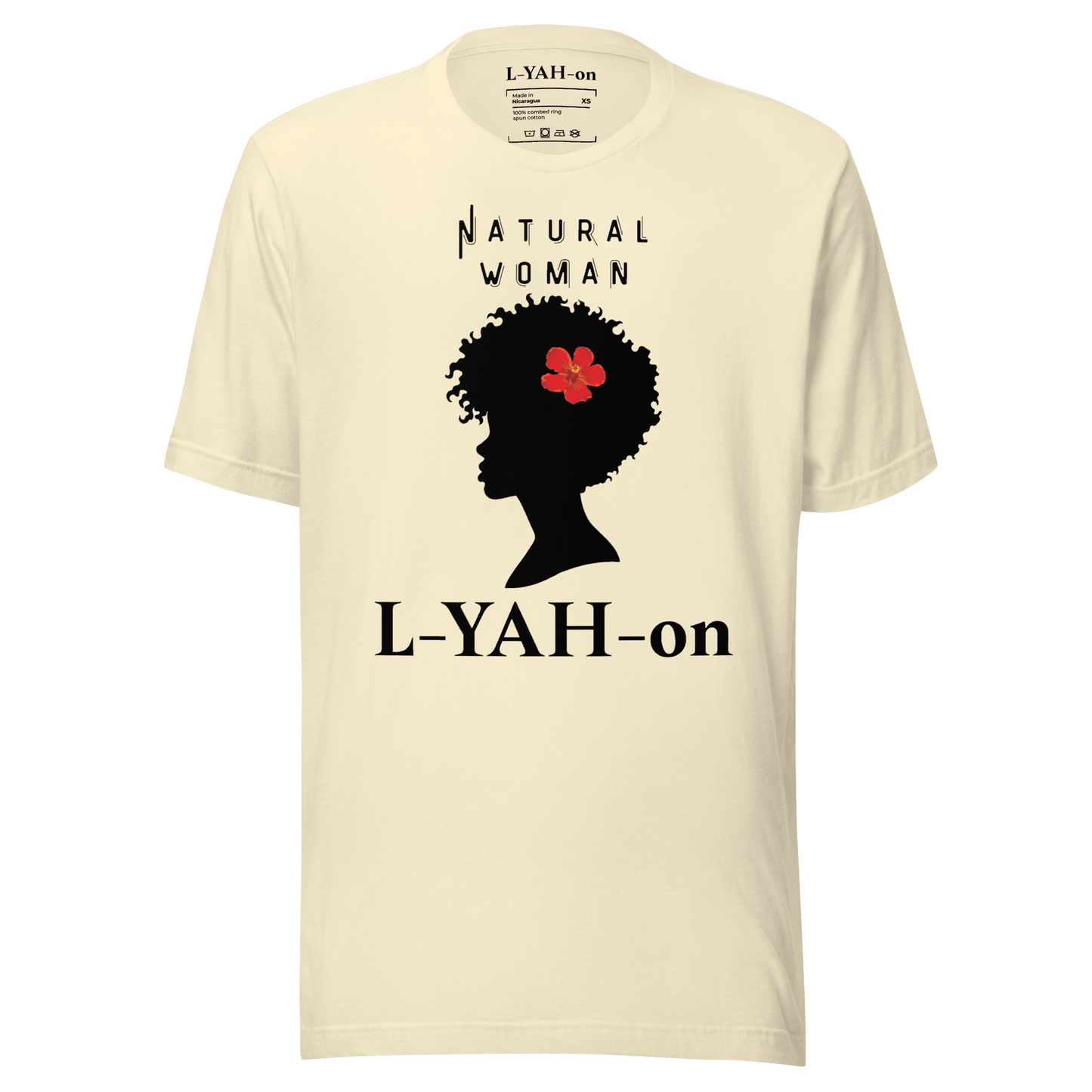 Beige t-shirt with a black silhouette of a woman's head with a red flower and text 'Natural Woman L-YAH-on' 