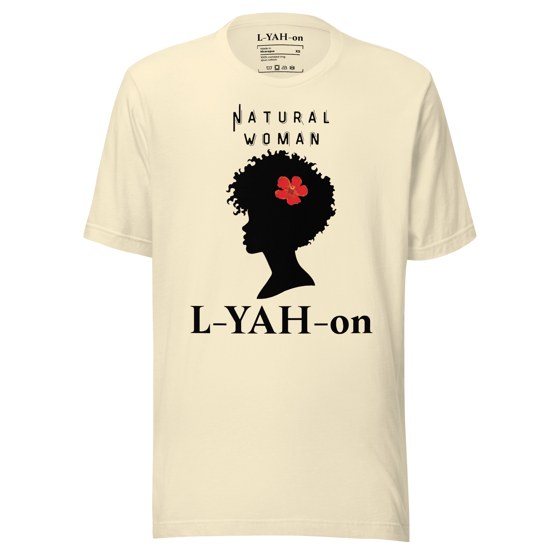 Beige t-shirt with a black silhouette of a woman's head with a red flower and text 'Natural Woman L-YAH-on' 