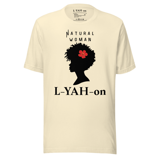 Beige t-shirt with a black silhouette of a woman's head with a red flower and text 'Natural Woman L-YAH-on' 