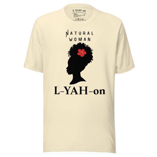 Beige t-shirt with a black silhouette of a woman's head with a red flower and text 'Natural Woman L-YAH-on' 