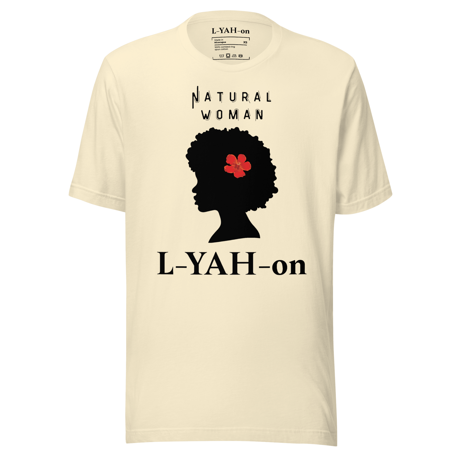 Beige t-shirt with 'Natural Woman L-YAH-on' design featuring a silhouette of a woman with an Afro and a red flower.