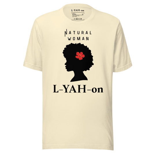 Beige t-shirt with 'Natural Woman L-YAH-on' design featuring a silhouette of a woman with an Afro and a red flower.