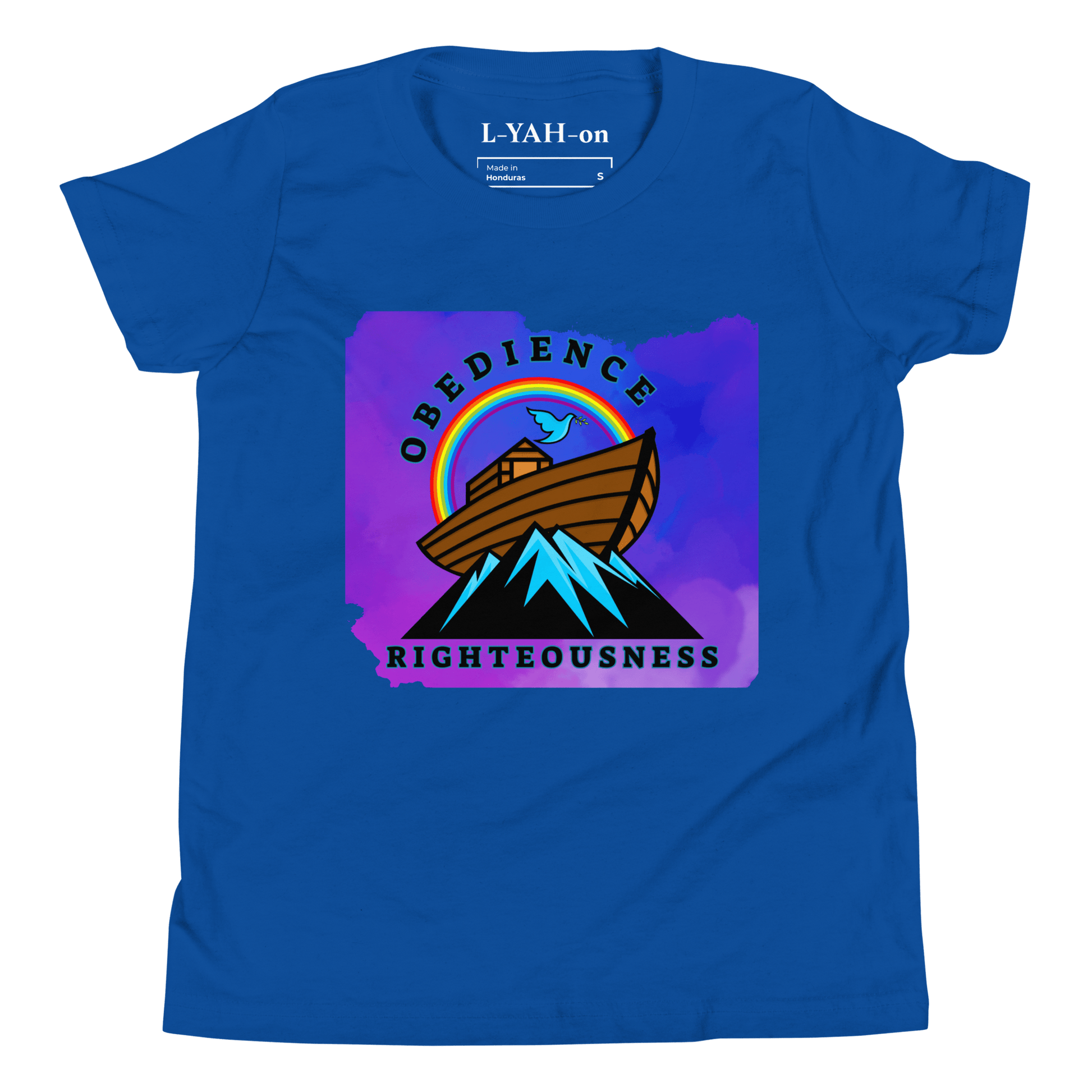 A blue t-shirt featuring a colorful graphic design with a depiction of Noah's Ark and the phrase 'Obedience Righteousness'.
