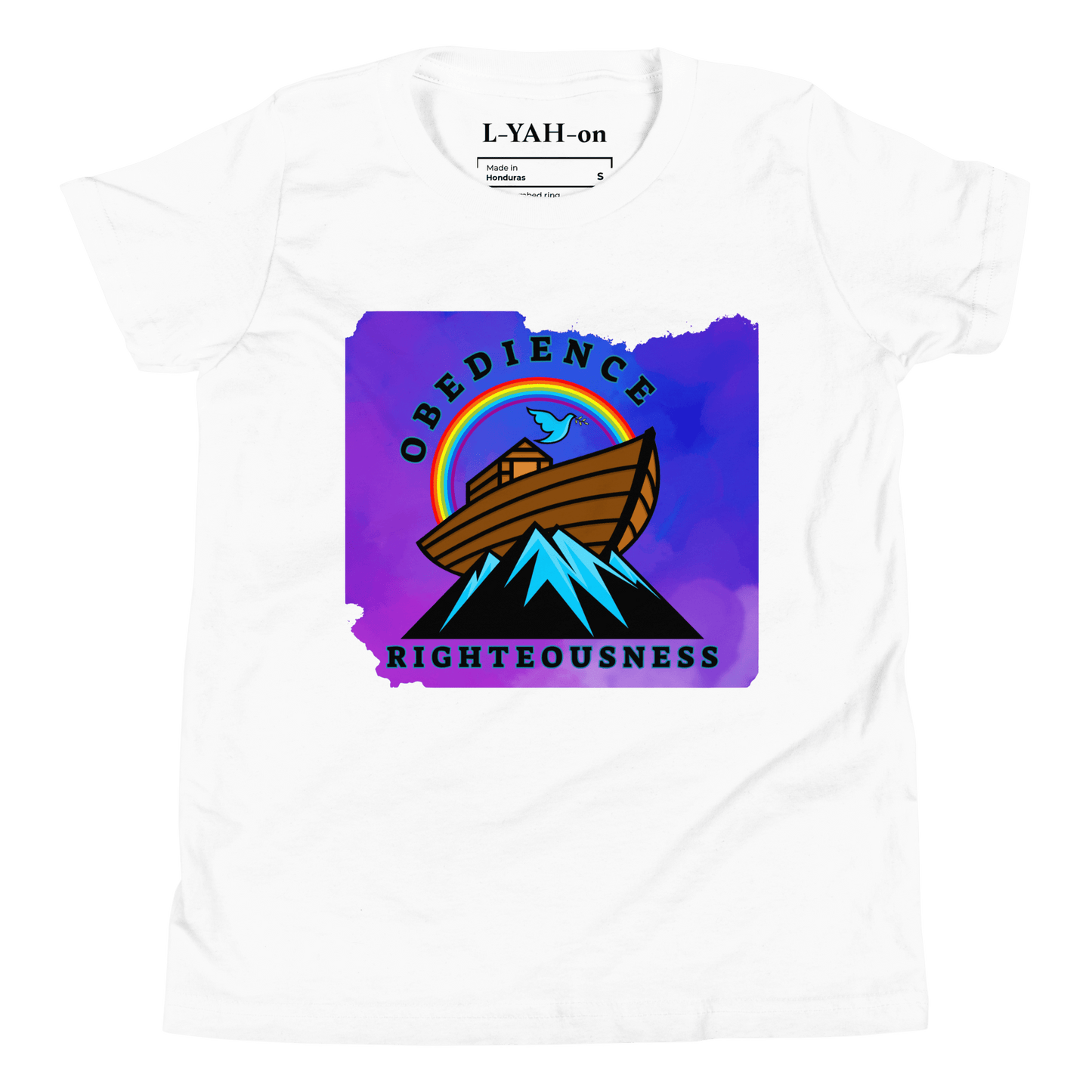 A white t-shirt featuring a colorful graphic design with a depiction of Noah's Ark and the phrase 'Obedience Righteousness'.