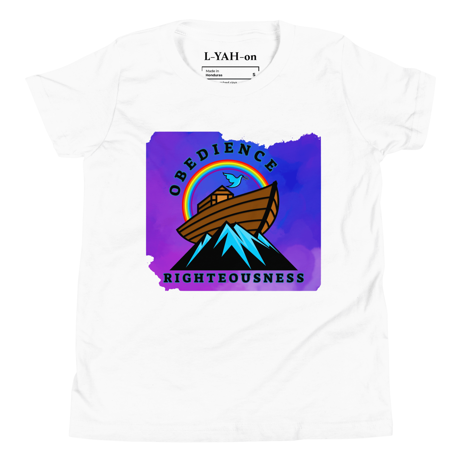A white t-shirt featuring a colorful graphic design with a depiction of Noah's Ark and the phrase 'Obedience Righteousness'.
