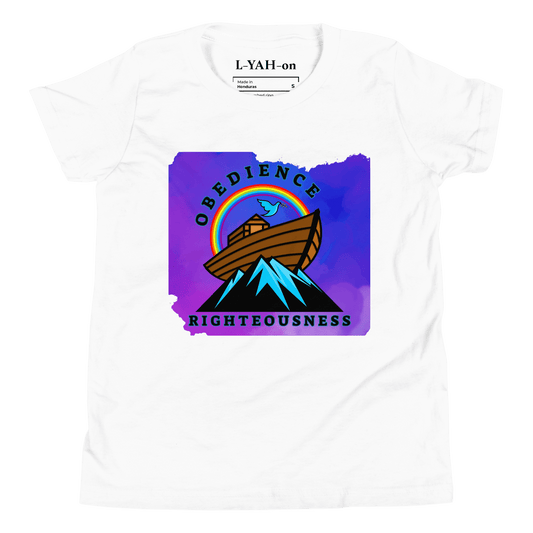 A white t-shirt featuring a colorful graphic design with a depiction of Noah's Ark and the phrase 'Obedience Righteousness'.