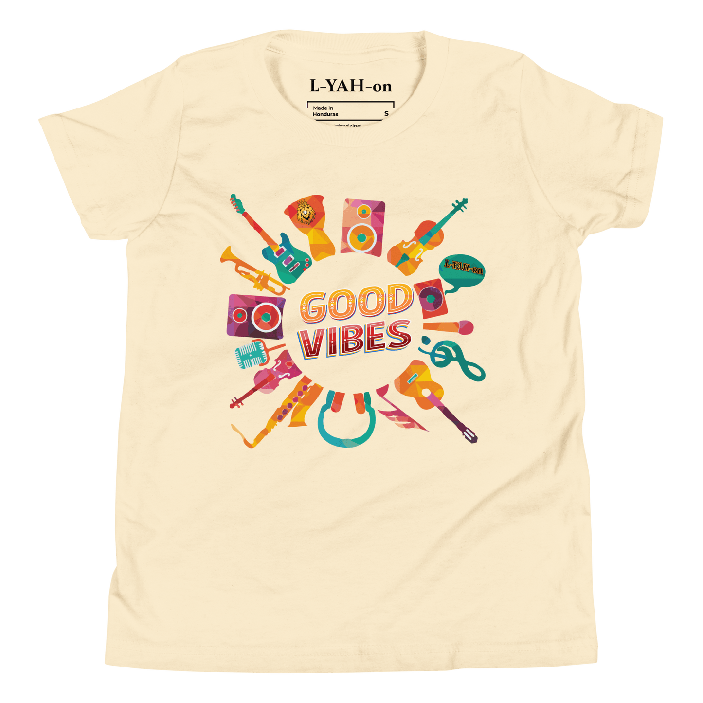 Beige t-shirt with colorful musical instrument graphics and 'Good Vibes' text on a white background