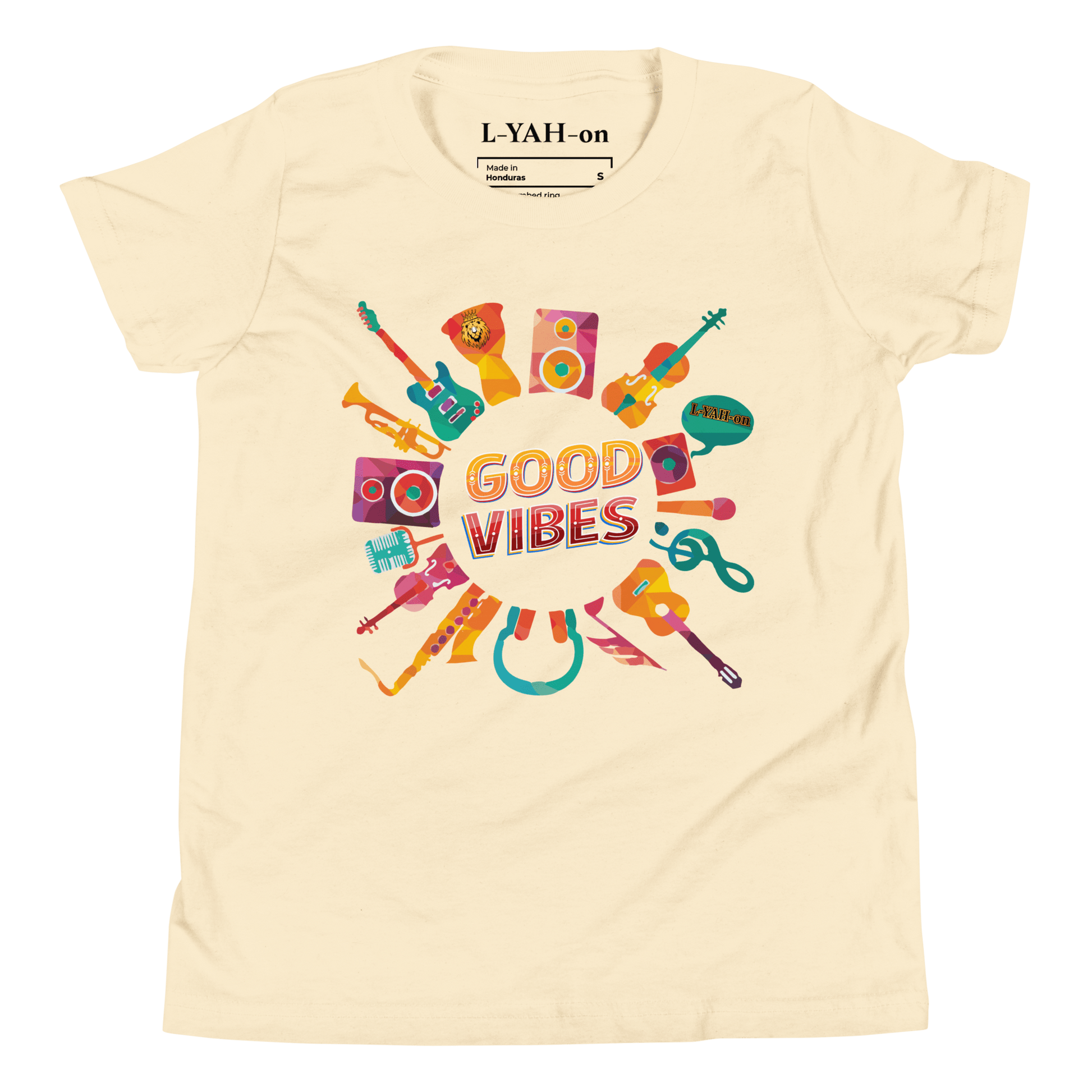 Beige t-shirt with colorful musical instrument graphics and 'Good Vibes' text on a white background