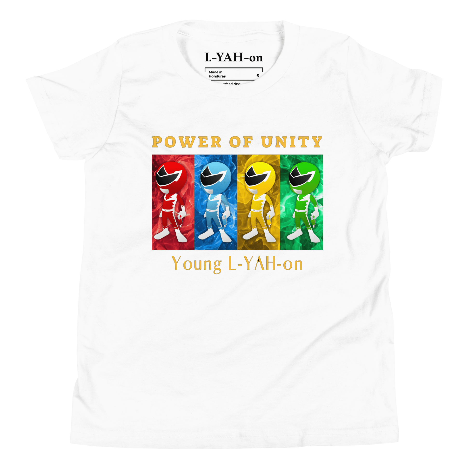 White t-shirt with colorful Power Rangers design and text on a white background