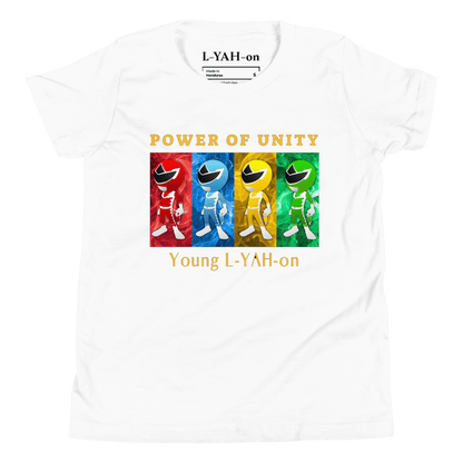 White t-shirt with colorful Power Rangers design and text on a white background