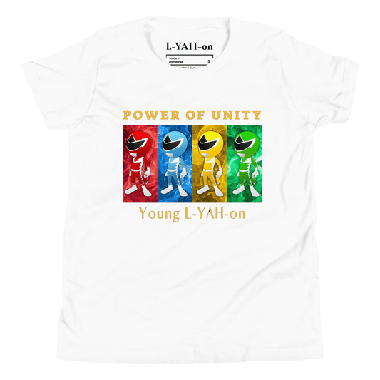White t-shirt with colorful Power Rangers design and text on a white background