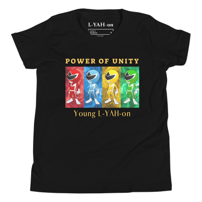 Black t-shirt with colorful superhero graphic and text on a white background