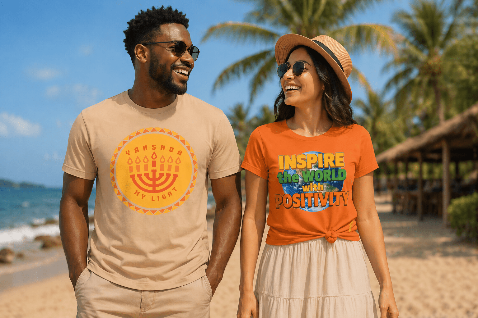 Two people on a beach wearing t-shirts with motivational phrases