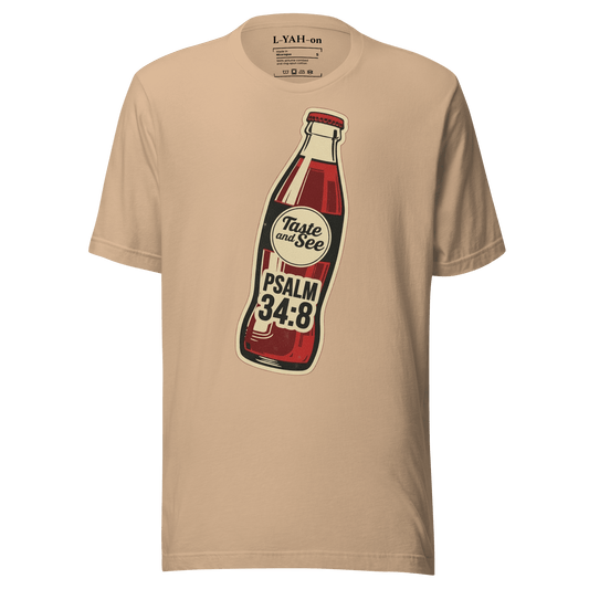 Psalm 34:8 faith-based t-shirt featuring an inspirational Scripture design about experiencing the goodness of YHWH.