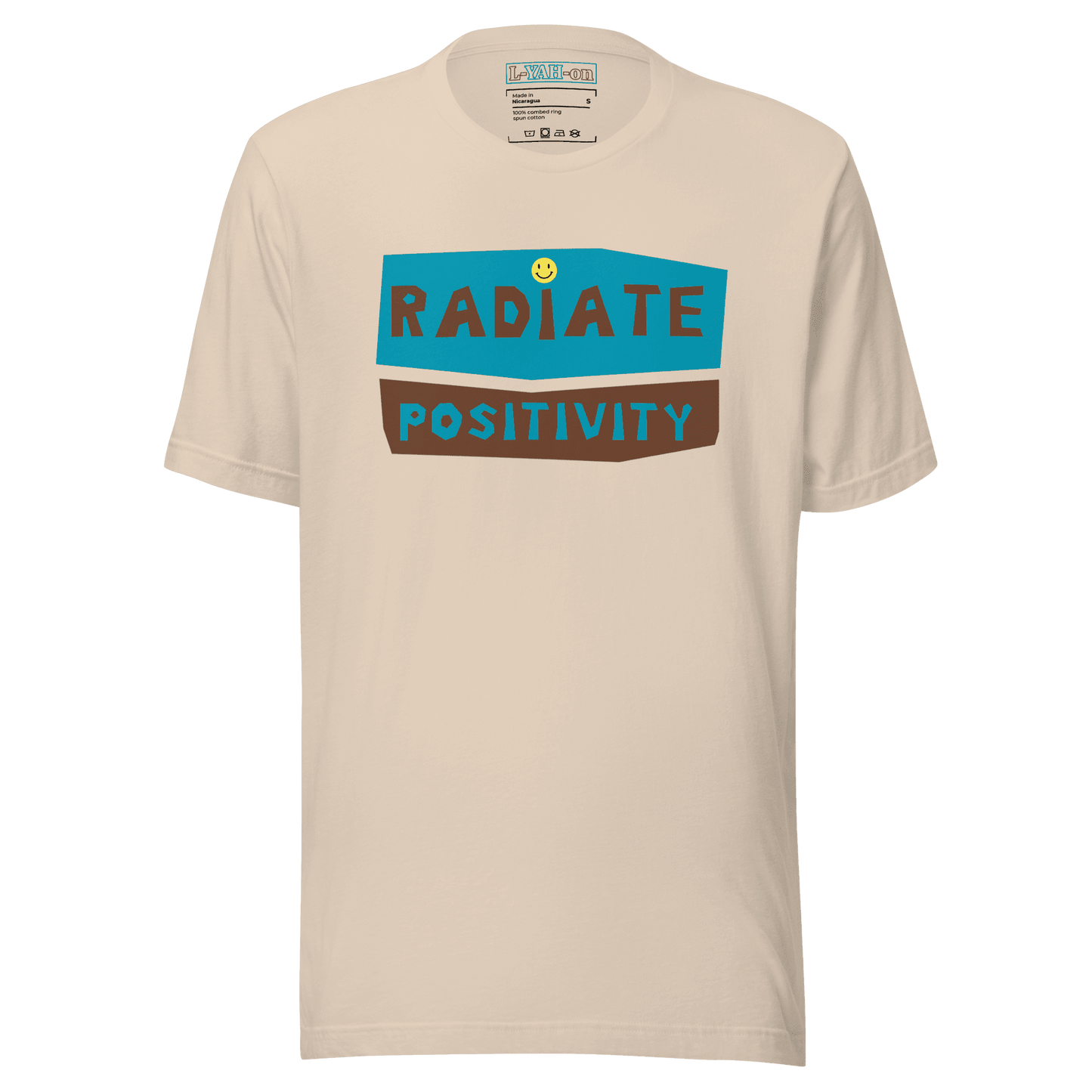 Beige t-shirt with 'Radiate Positivity' text design on a beige background