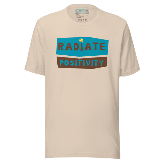 Beige t-shirt with 'Radiate Positivity' text design on a beige background