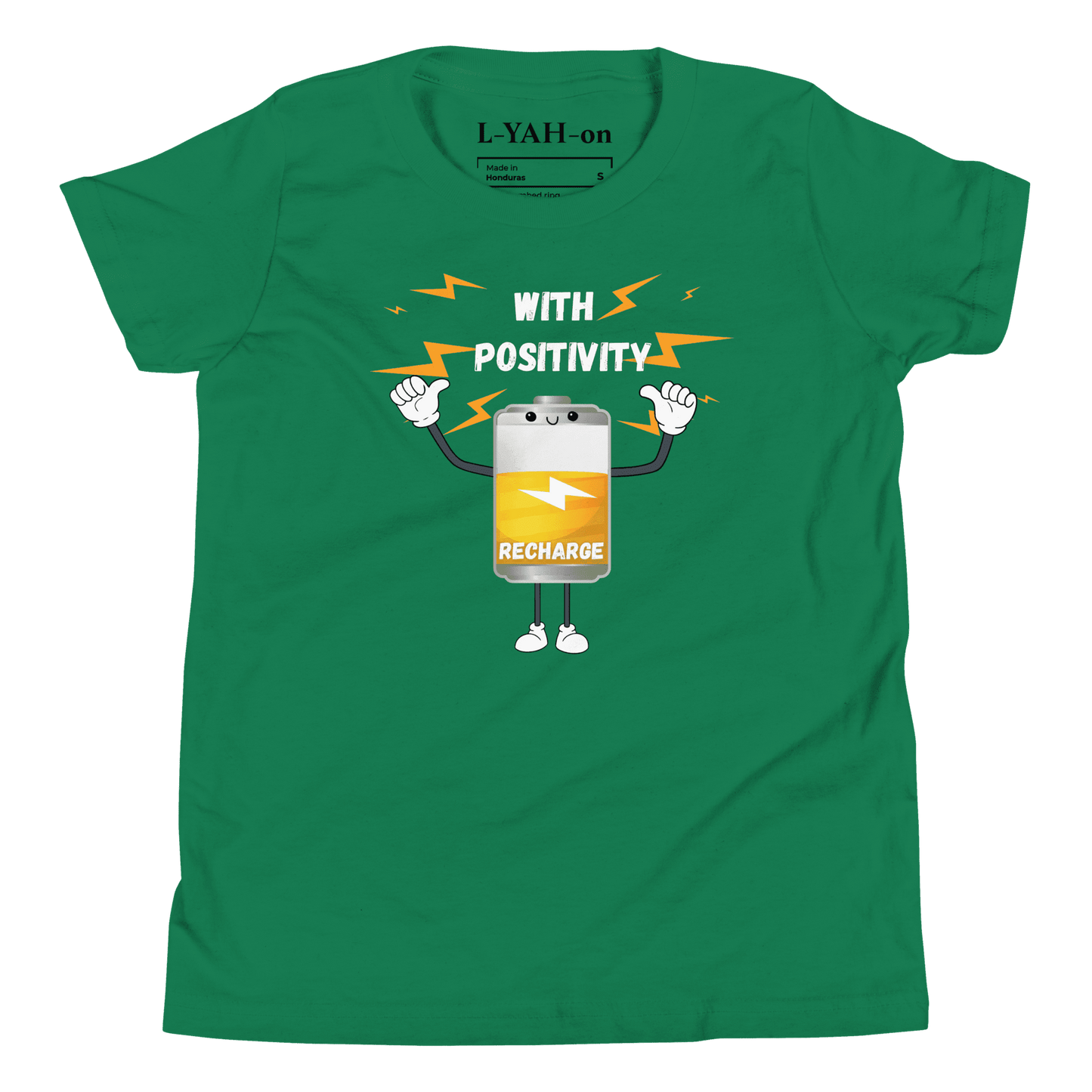 Green t-shirt with a cartoon battery character and text 