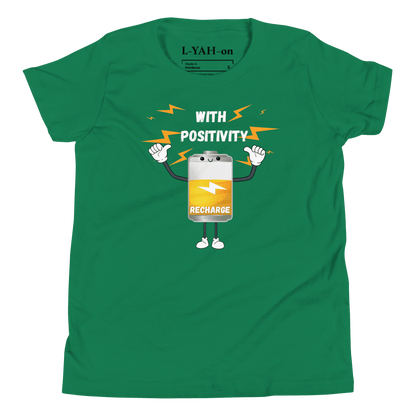 Green t-shirt with a cartoon battery character and text 