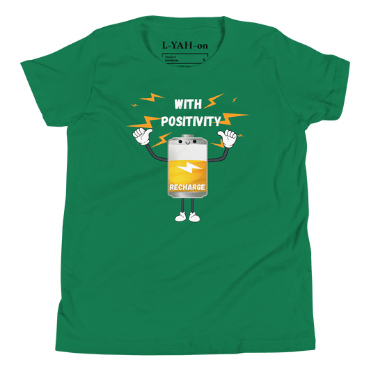 Green t-shirt with a cartoon battery character and text 