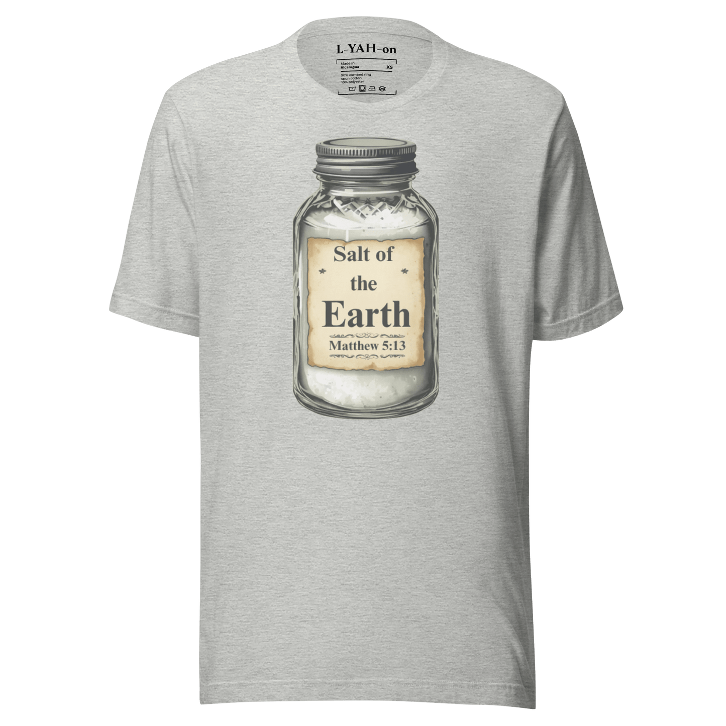 Gray t-shirt with a jar graphic and text on a white background