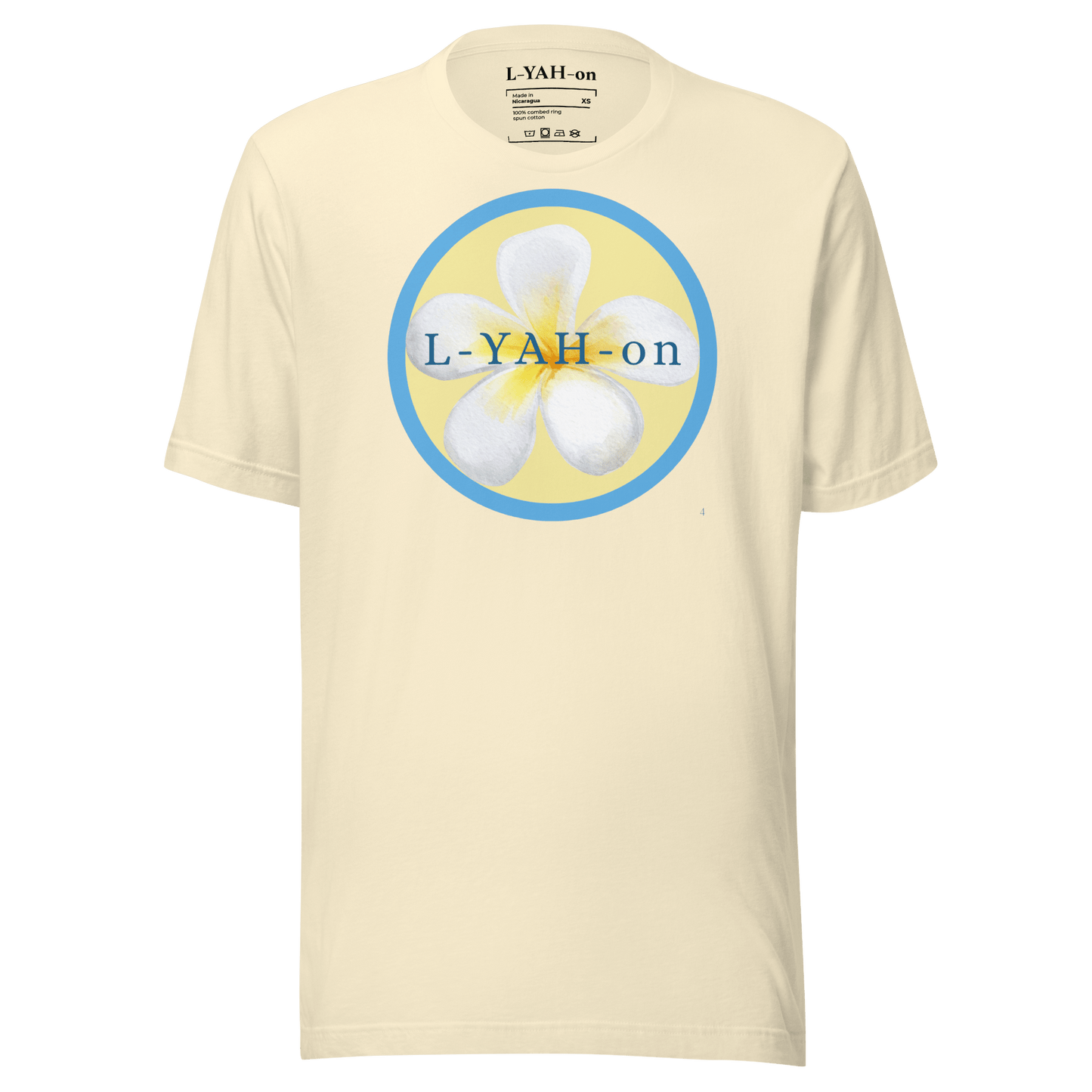 A beige t-shirt with a floral emblem design and the text 'L-YAH-on' on the front.