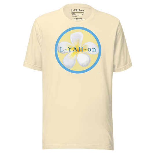 A beige t-shirt with a floral emblem design and the text 'L-YAH-on' on the front.
