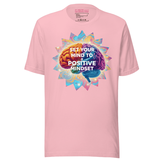 Pink t-shirt with a colorful brain graphic and text 'Set your mind to a positive mindset' on a green background.