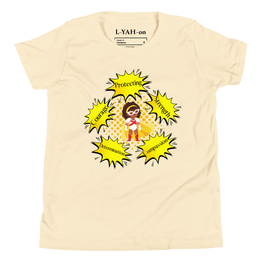 Beige t-shirt with a superhero graphic and text on a white background