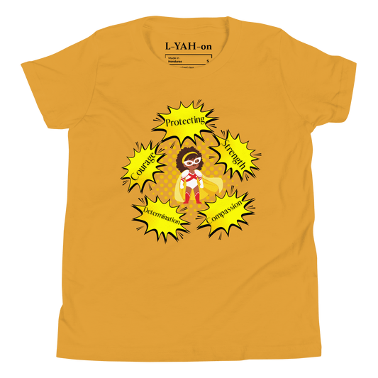 Yellow t-shirt with superhero graphic and text on a white background