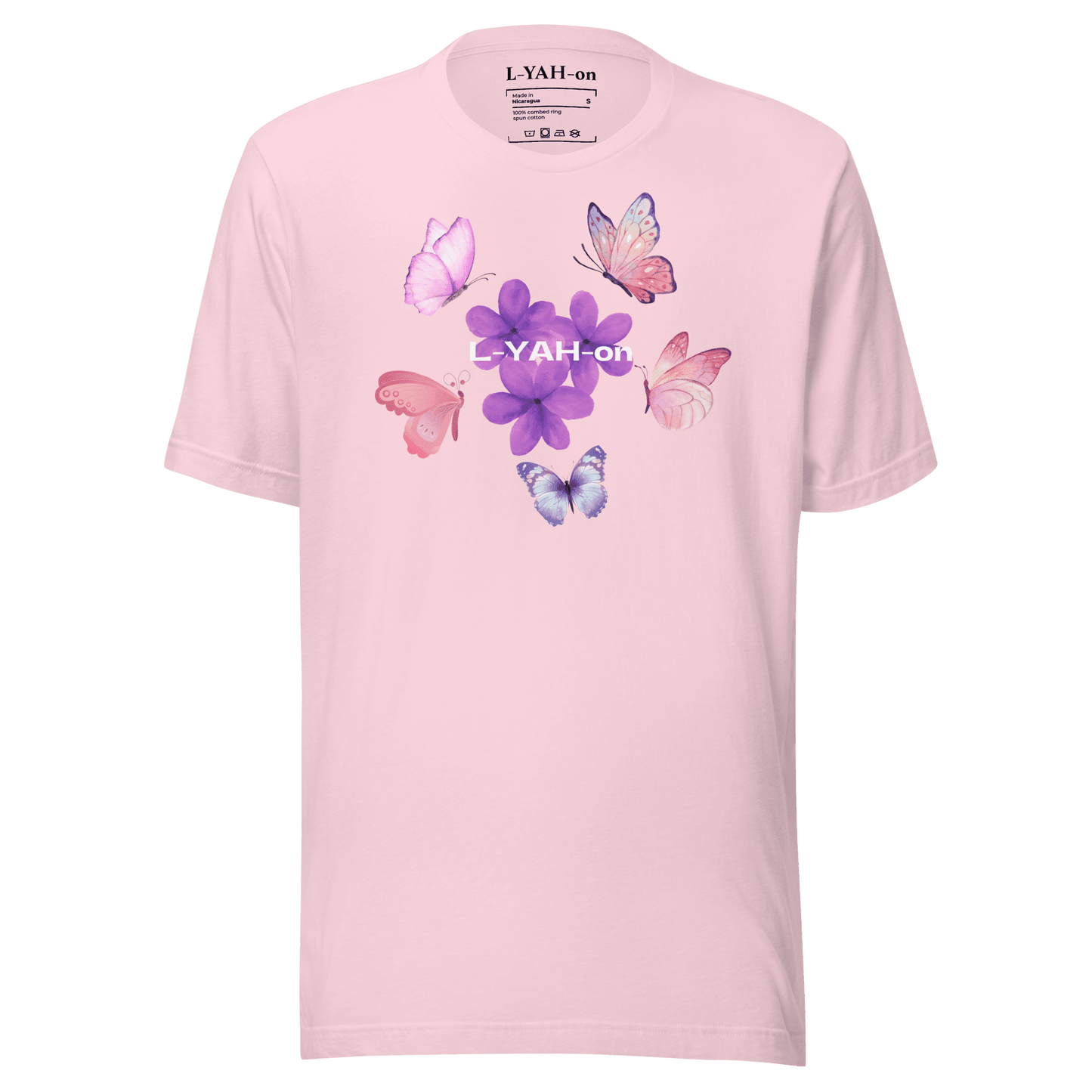 Pink t-shirt with butterfly and flower design on a pink background