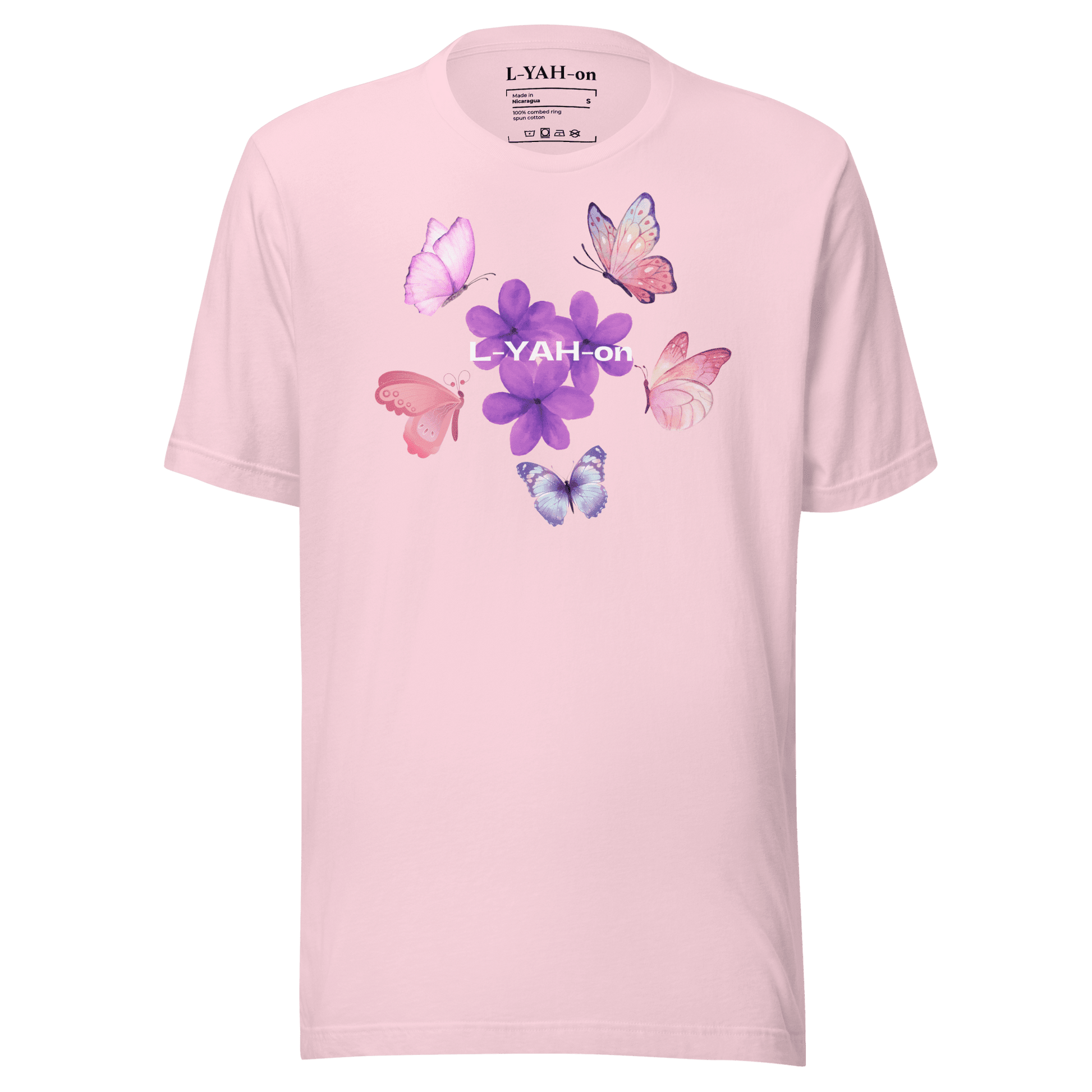 Pink t-shirt with butterfly and flower design on a pink background