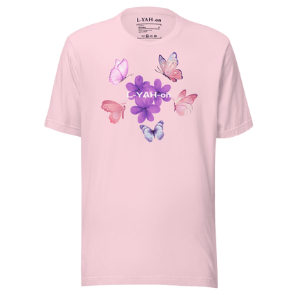 Pink t-shirt with butterfly and flower design on a pink background