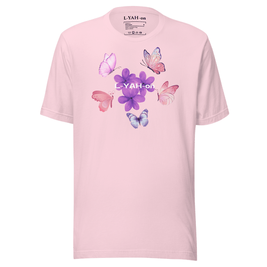 Pink t-shirt with butterfly and flower design on a pink background