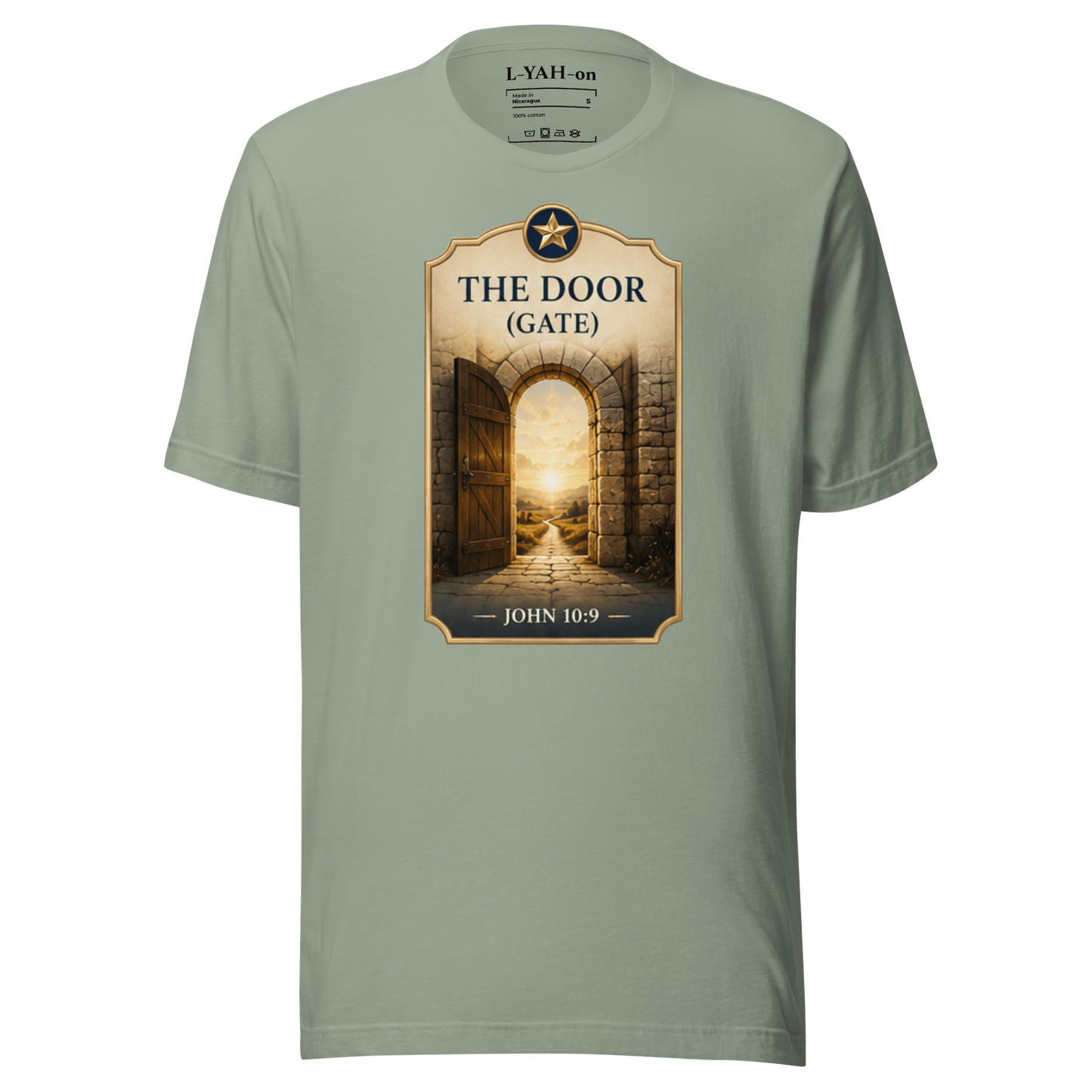 Faith-inspired The Door Gate T-shirt  design inspired by John 10:9. Spiritual apparel with meaning and elevated style.