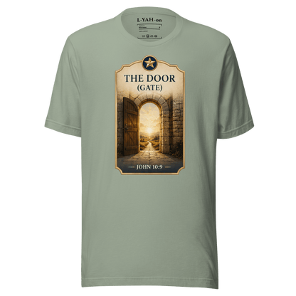 Faith-inspired The Door Gate T-shirt  design inspired by John 10:9. Spiritual apparel with meaning and elevated style.