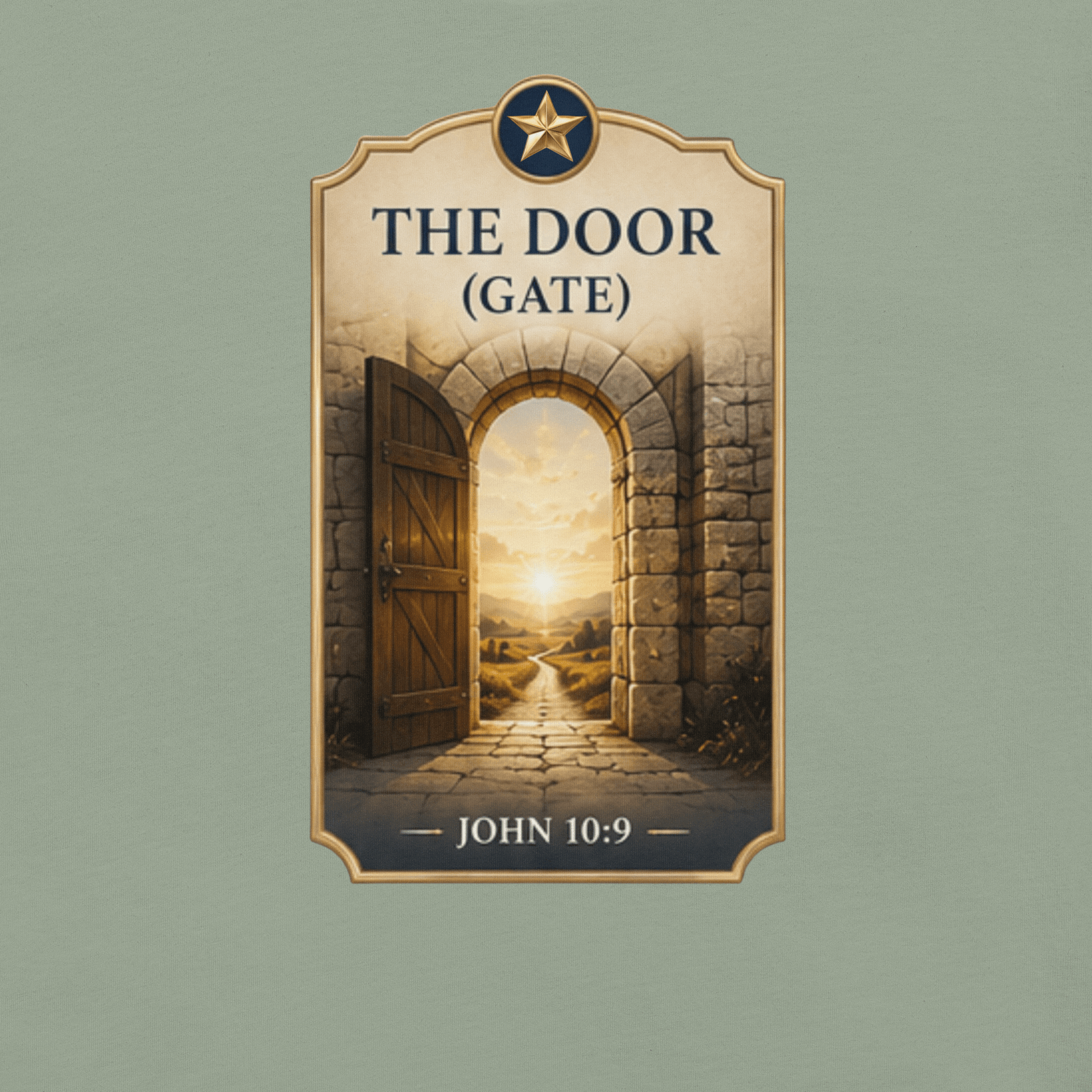 Faith-inspired The Door Gate T-shirt featuring an open-gate design inspired by John 10:9. Spiritual apparel with meaning and elevated style.