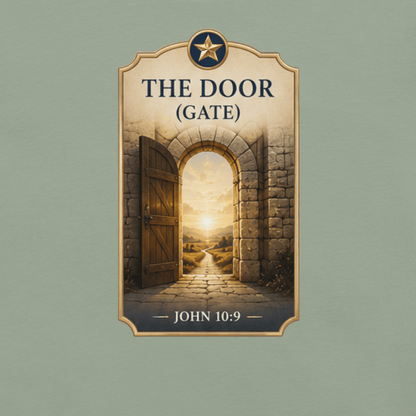 Faith-inspired The Door Gate T-shirt featuring an open-gate design inspired by John 10:9. Spiritual apparel with meaning and elevated style.