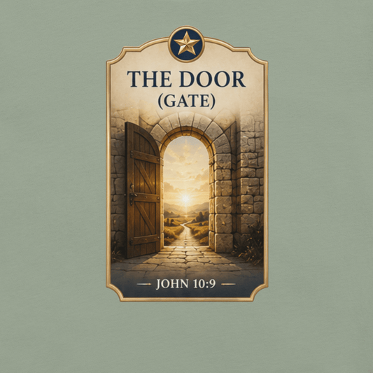 Faith-inspired The Door Gate T-shirt featuring an open-gate design inspired by John 10:9. Spiritual apparel with meaning and elevated style.