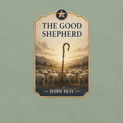 Faith-inspired The Good Shepherd T-shirt featuring a shepherd’s staff and flock design inspired by John 10:11