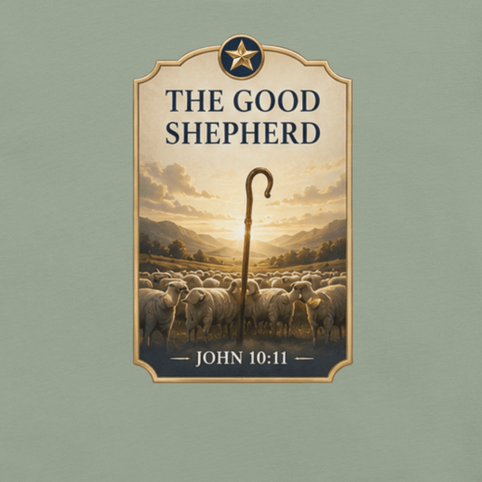 Faith-inspired The Good Shepherd T-shirt featuring a shepherd’s staff and flock design inspired by John 10:11