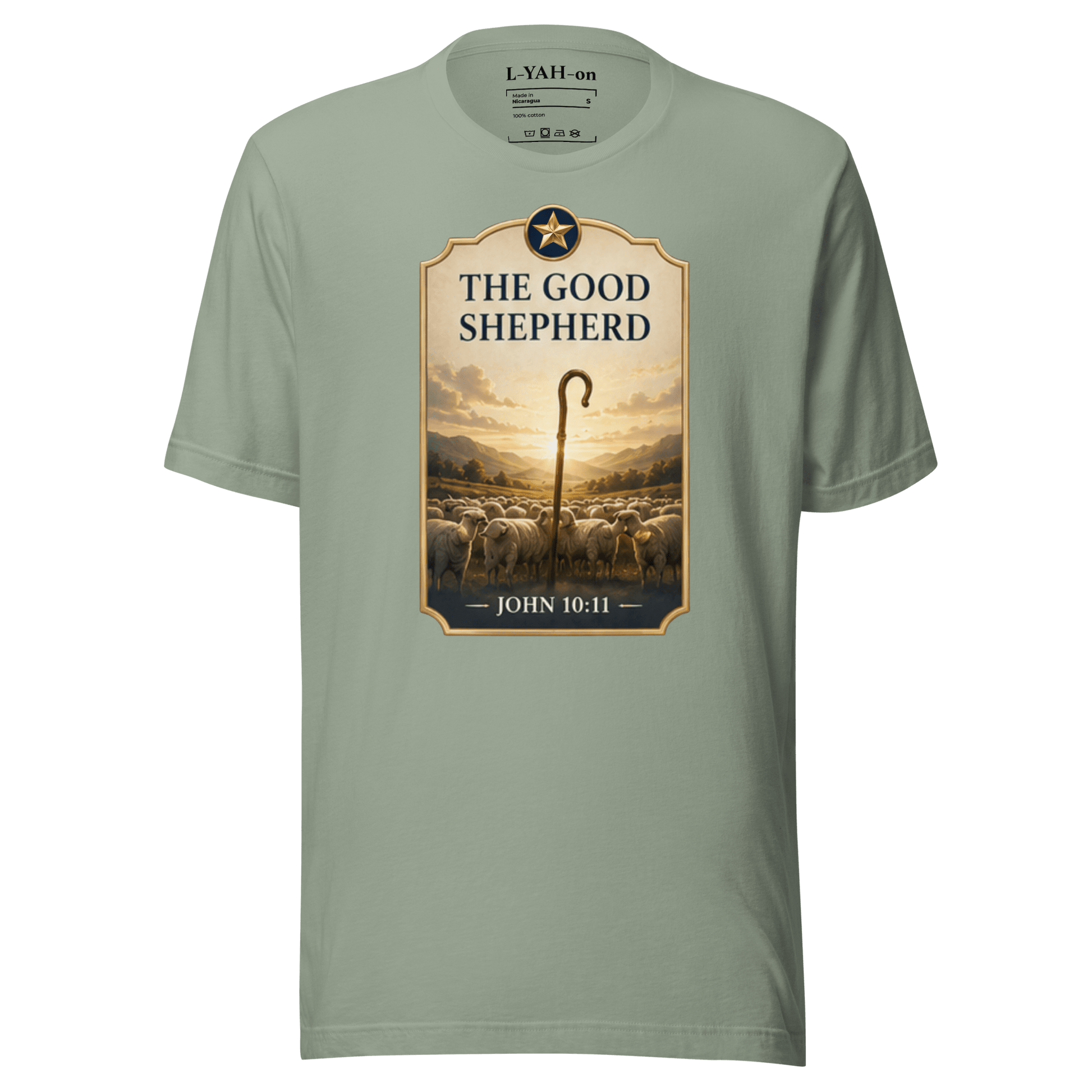 Faith-inspired The Good Shepherd T-shirt  inspired by John 10:11. A spiritual apparel with timeless meaning.
