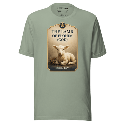 Faith-inspired The Lamb of Elohim T-shirt design inspired by John 1:29. A spiritual apparel with timeless meaning.
