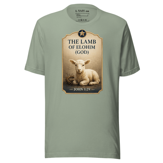 Faith-inspired The Lamb of Elohim T-shirt design inspired by John 1:29. A spiritual apparel with timeless meaning.